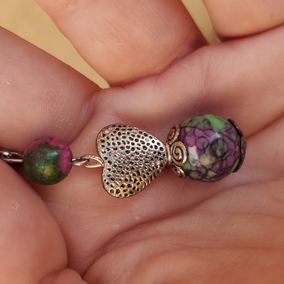 New Rainbow Jasper & Ruby In Fuchsite Ball Silver Heart Pendant. - Picture 8 of 12